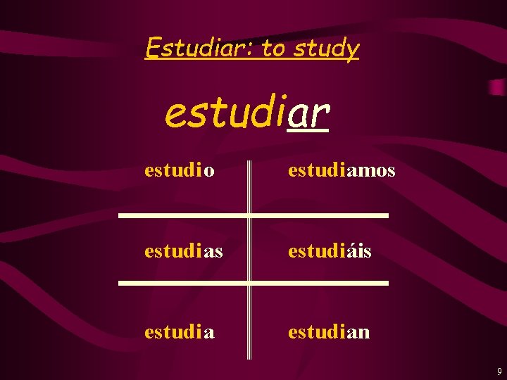 Estudiar: to study estudiar estudi o estudiamos estudi as estudiáis estudi a estudian 9