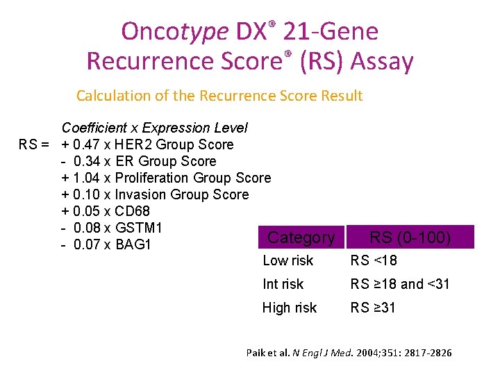 Oncotype DX® 21 -Gene Recurrence Score® (RS) Assay Calculation of the Recurrence Score Result