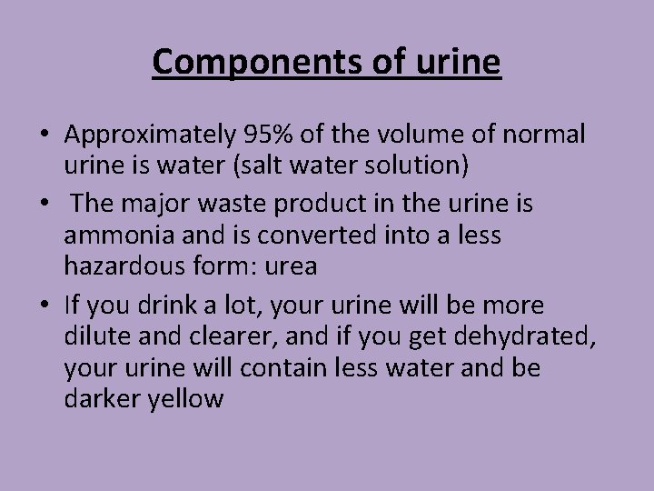 Components of urine • Approximately 95% of the volume of normal urine is water