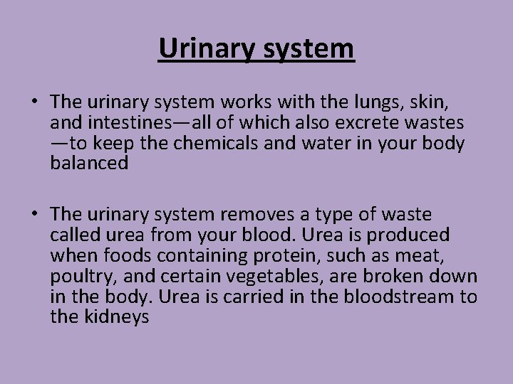 Urinary system • The urinary system works with the lungs, skin, and intestines—all of