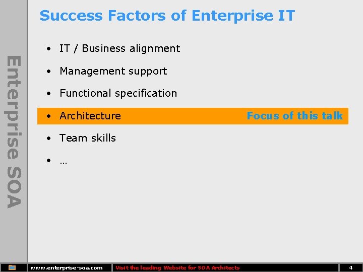 Success Factors of Enterprise IT • IT / Business alignment Enterprise SOA • Management