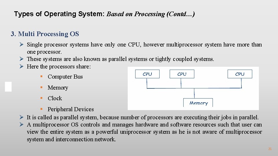 Types of Operating System: Based on Processing (Contd…) 3. Multi Processing OS Ø Single