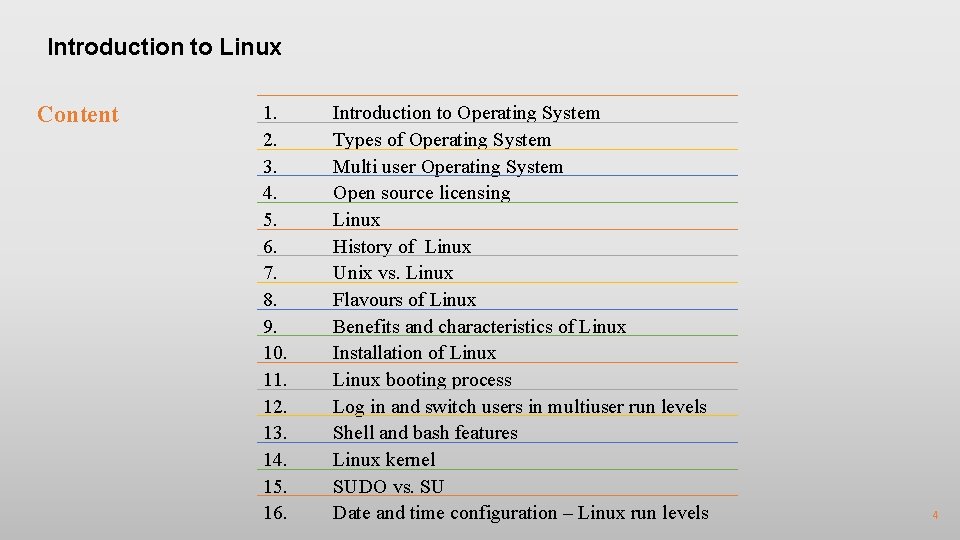 Introduction to Linux Content 1. 2. 3. 4. 5. 6. 7. 8. 9. 10.
