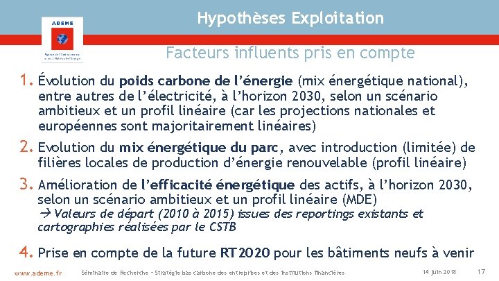 Hypothèses Exploitation Facteurs influents pris en compte 1. Évolution du poids carbone de l’énergie