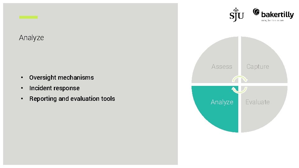 Analyze Assess Capture Analyze Evaluate • Oversight mechanisms • Incident response • Reporting and