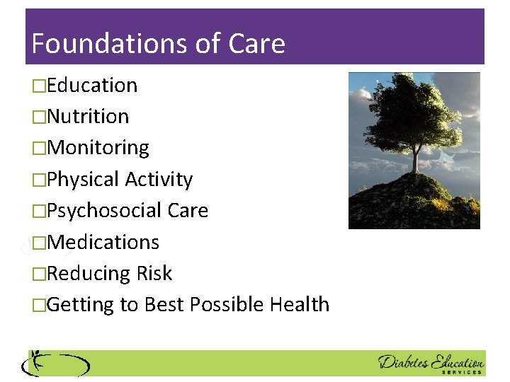 Foundations of Care �Education �Nutrition �Monitoring �Physical Activity �Psychosocial Care �Medications �Reducing Risk �Getting