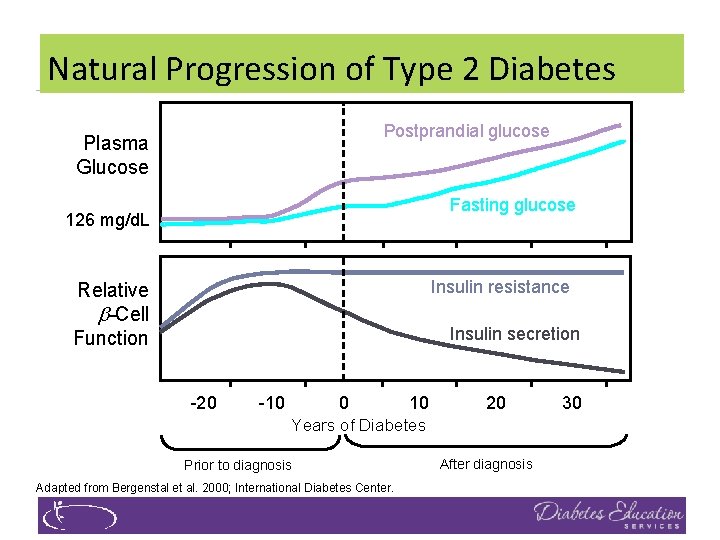 Natural Progression of Type 2 Diabetes Postprandial glucose Plasma Glucose Fasting glucose 126 mg/d.