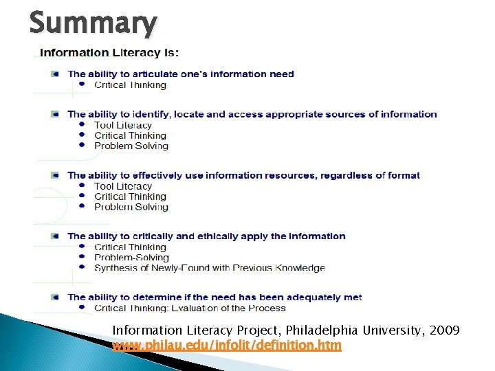 Summary Information Literacy Project, Philadelphia University, 2009 t/ www. philau. edu/infolit/definition. htm 