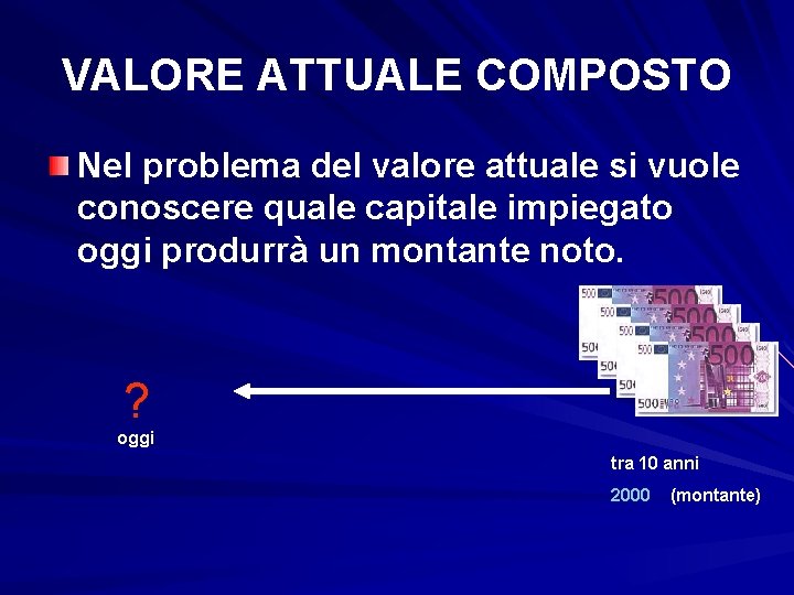 VALORE ATTUALE COMPOSTO Nel problema del valore attuale si vuole conoscere quale capitale impiegato