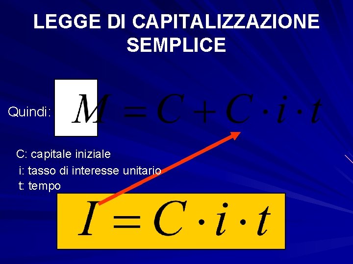 LEGGE DI CAPITALIZZAZIONE SEMPLICE Quindi: C: capitale iniziale i: tasso di interesse unitario t: