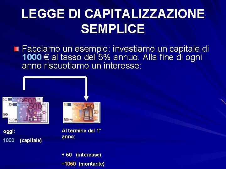 LEGGE DI CAPITALIZZAZIONE SEMPLICE Facciamo un esempio: investiamo un capitale di 1000 € al