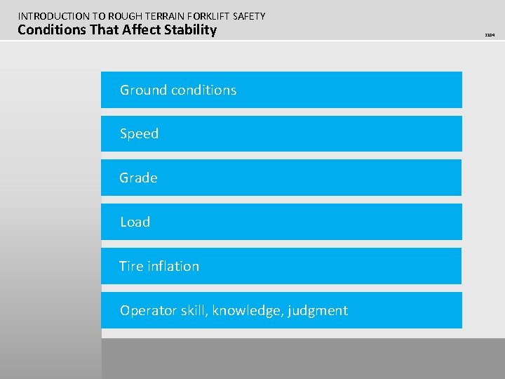 INTRODUCTION TO ROUGH TERRAIN FORKLIFT SAFETY Conditions That Affect Stability Ground conditions Speed Grade