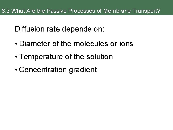 6. 3 What Are the Passive Processes of Membrane Transport? Diffusion rate depends on: