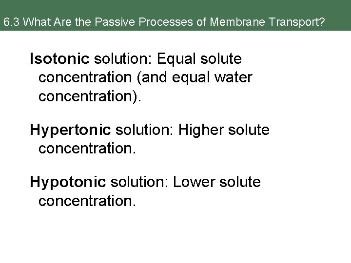 6. 3 What Are the Passive Processes of Membrane Transport? Isotonic solution: Equal solute