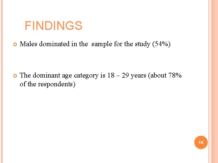 FINDINGS Males dominated in the sample for the study (54%) The dominant age category