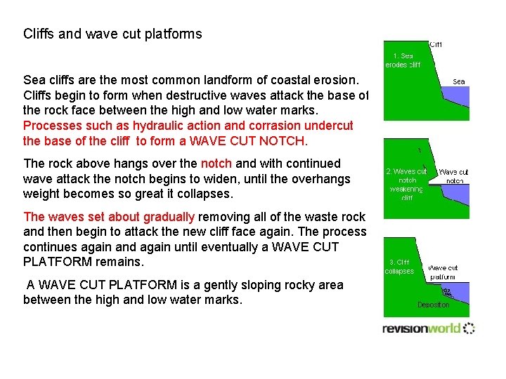 Cliffs and wave cut platforms Sea cliffs are the most common landform of coastal