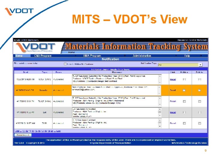 MITS – VDOT’s View 9 