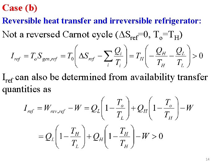 Case (b) Reversible heat transfer and irreversible refrigerator: Not a reversed Carnot cycle (ΔSref=0,