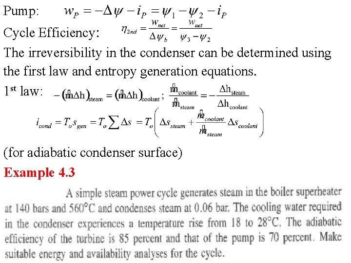 Pump: Cycle Efficiency: The irreversibility in the condenser can be determined using the first