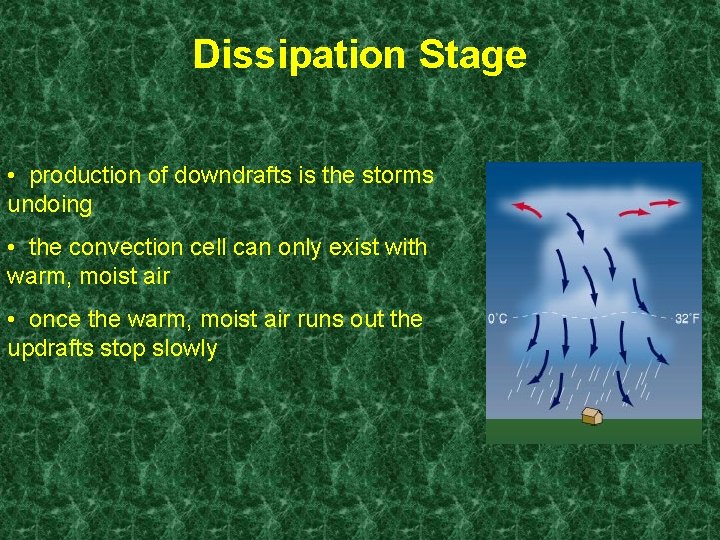 Dissipation Stage • production of downdrafts is the storms undoing • the convection cell