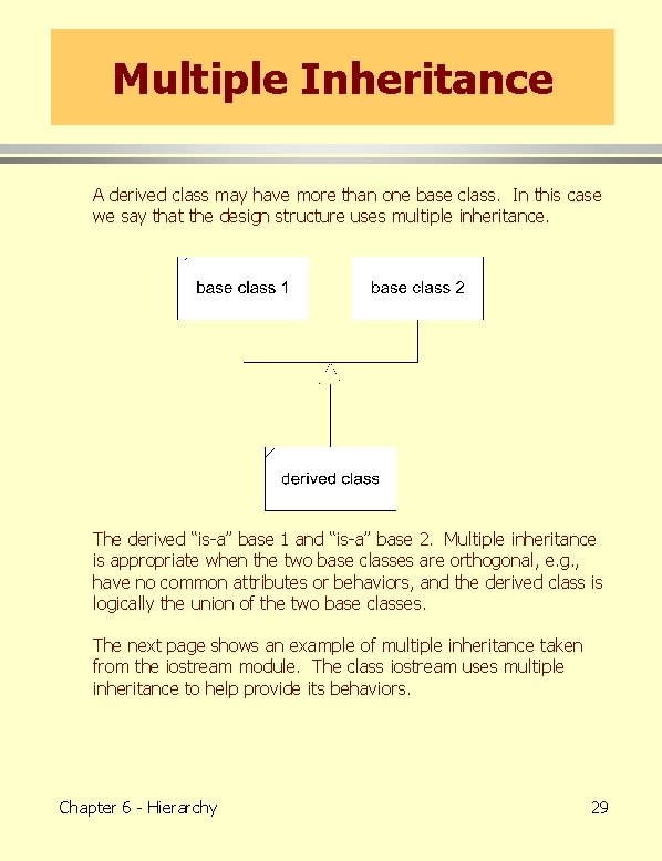 Multiple Inheritance A derived class may have more than one base class. In this