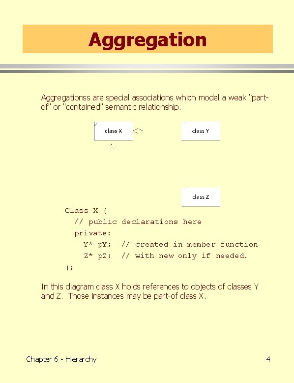 Aggregationss are special associations which model a weak “partof” or “contained” semantic relationship. Class