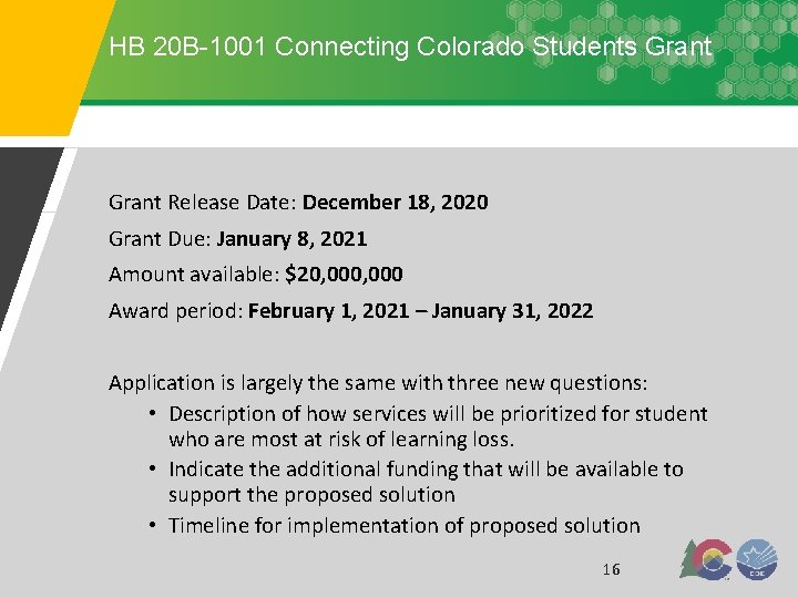 HB 20 B-1001 Connecting Colorado Students Grant Release Date: December 18, 2020 Grant Due: