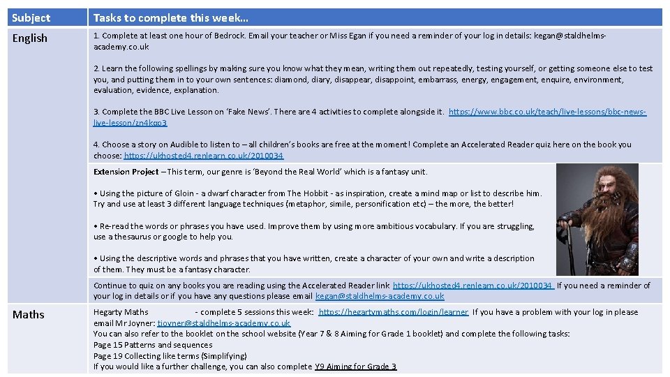 Subject Tasks to complete this week… English 1. Complete at least one hour of