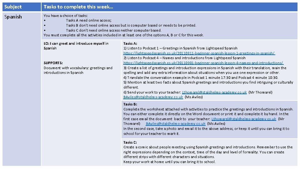 Subject Tasks to complete this week… Spanish You have a choice of tasks: •