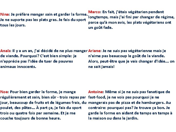 Marco: En fait, j'étais végétarien pendant Nina: Je préfère manger sain et garder la