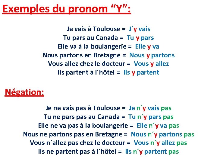 Exemples du pronom “Y”: Je vais à Toulouse = J´y vais Tu pars au