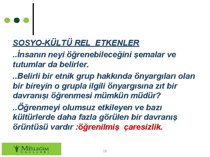 SOSYO-KÜLTÜ REL ETKENLER. . İnsanın neyi öğrenebileceğini şemalar ve tutumlar da belirler. . .