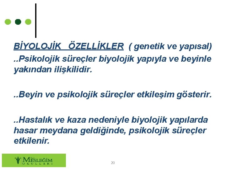 BİYOLOJİK ÖZELLİKLER ( genetik ve yapısal). . Psikolojik süreçler biyolojik yapıyla ve beyinle yakından