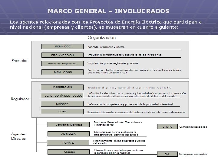 MARCO GENERAL – INVOLUCRADOS Los agentes relacionados con los Proyectos de Energía Eléctrica que