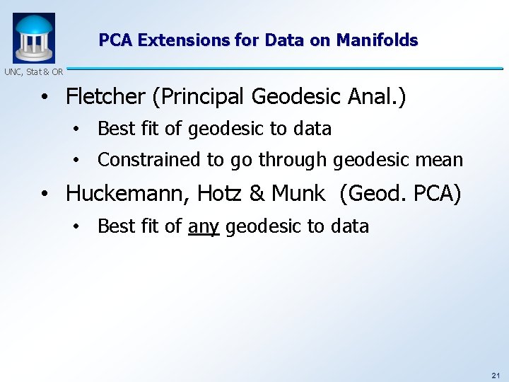 PCA Extensions for Data on Manifolds UNC, Stat & OR • Fletcher (Principal Geodesic
