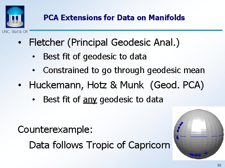 PCA Extensions for Data on Manifolds UNC, Stat & OR • Fletcher (Principal Geodesic