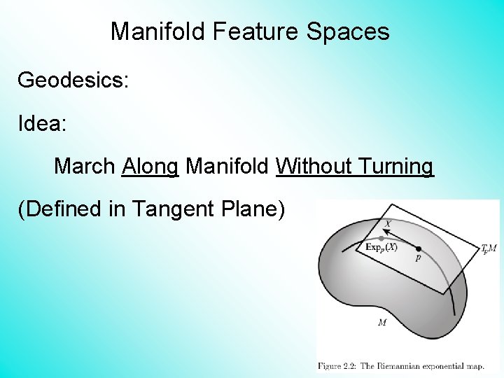 Manifold Feature Spaces Geodesics: Idea: March Along Manifold Without Turning (Defined in Tangent Plane)