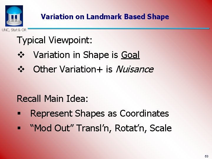 Variation on Landmark Based Shape UNC, Stat & OR Typical Viewpoint: v Variation in