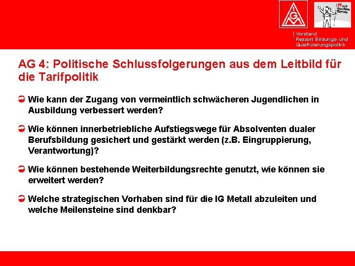 Vorstand Ressort Bildungs- und Qualifizierungspolitik AG 4: Politische Schlussfolgerungen aus dem Leitbild für die