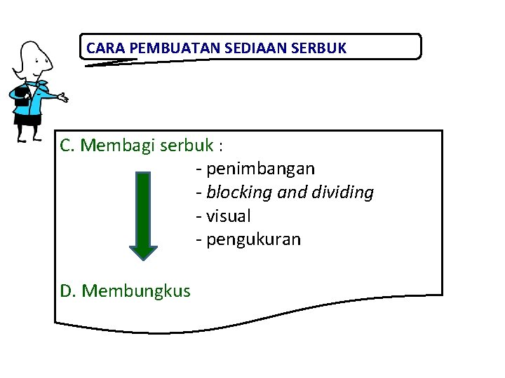 CARA PEMBUATAN SEDIAAN SERBUK C. Membagi serbuk : - penimbangan - blocking and dividing