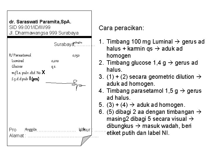 dr. Saraswati Paramita, Sp. A. SID 99. 001/ID/III/99 Jl. Dharmawangsa 999 Surabaya Cara peracikan: