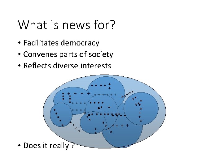 What is news for? • Facilitates democracy • Convenes parts of society • Reflects