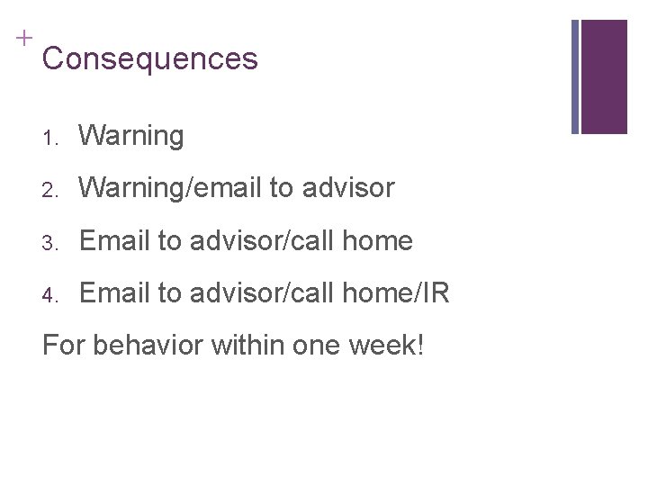 + Consequences 1. Warning 2. Warning/email to advisor 3. Email to advisor/call home 4.