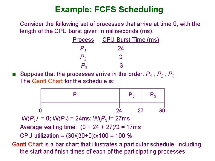 Example: FCFS Scheduling Consider the following set of processes that arrive at time 0,