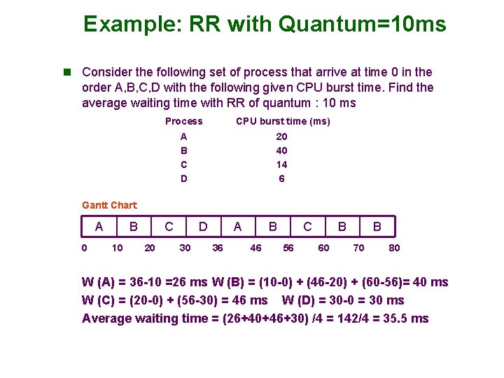 Example: RR with Quantum=10 ms n Consider the following set of process that arrive