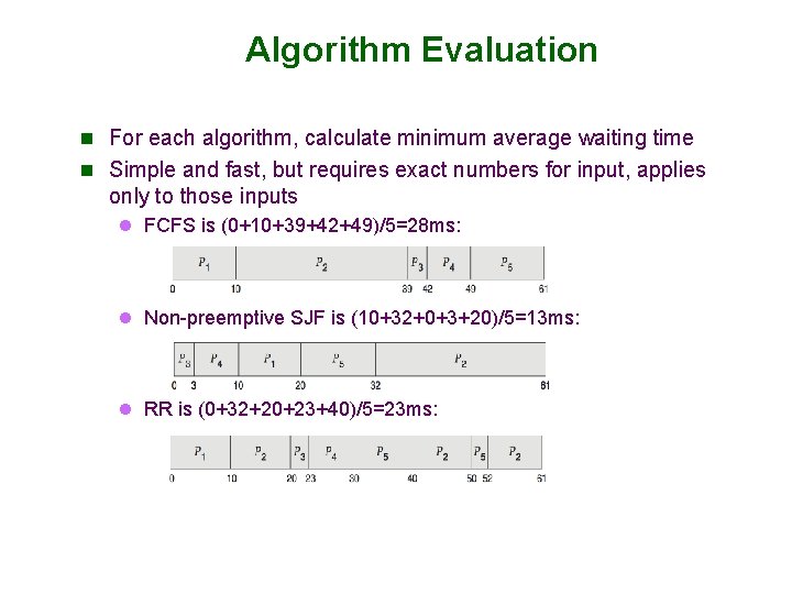 Algorithm Evaluation n For each algorithm, calculate minimum average waiting time n Simple and