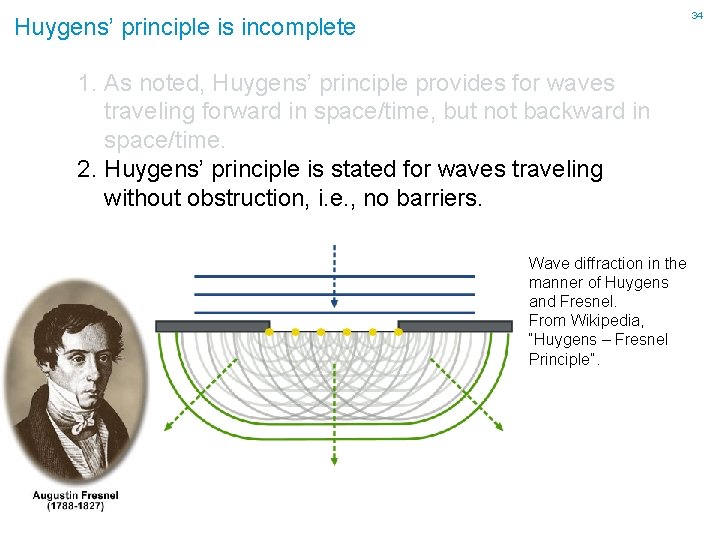 34 Huygens’ principle is incomplete 1. As noted, Huygens’ principle provides for waves traveling