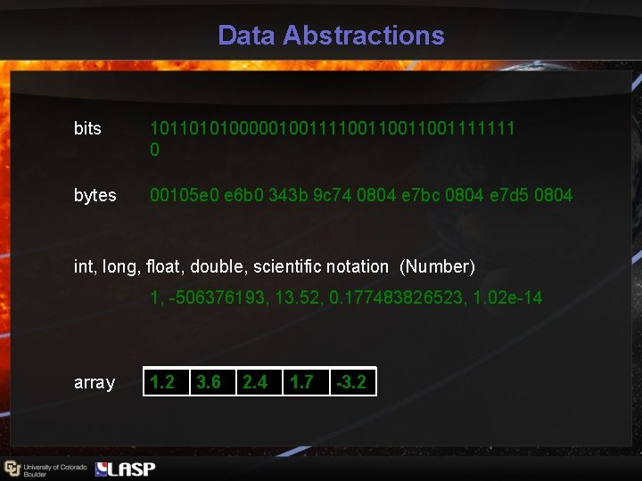 Data Abstractions bits 101101010000010011110011001111111 0 bytes 00105 e 0 e 6 b 0 343 Data Abstractions bits 101101010000010011110011001111111 0 bytes 00105 e 0 e 6 b 0 343
