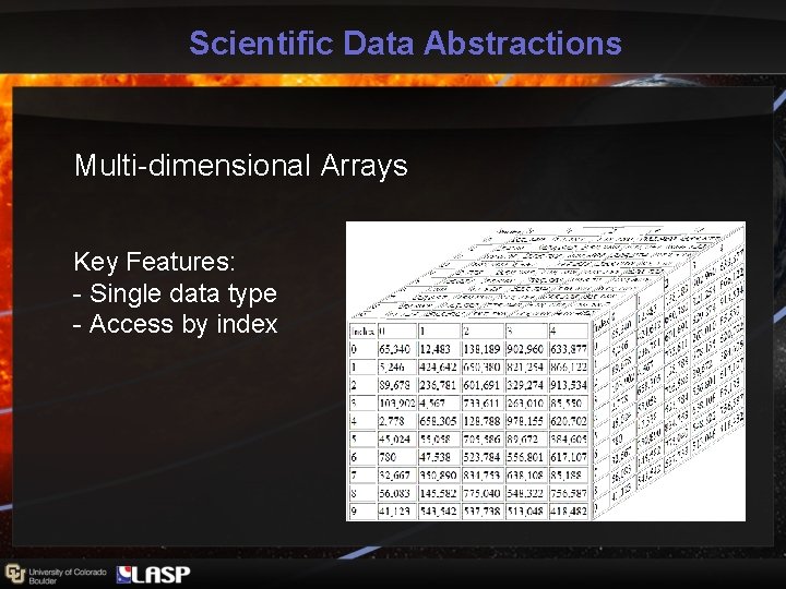 Scientific Data Abstractions Multi-dimensional Arrays Key Features: - Single data type - Access by Scientific Data Abstractions Multi-dimensional Arrays Key Features: - Single data type - Access by