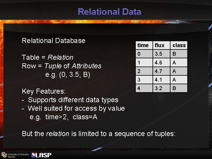 Relational Database time flux class Table = Relation Row = Tuple of Attributes e. Relational Database time flux class Table = Relation Row = Tuple of Attributes e.